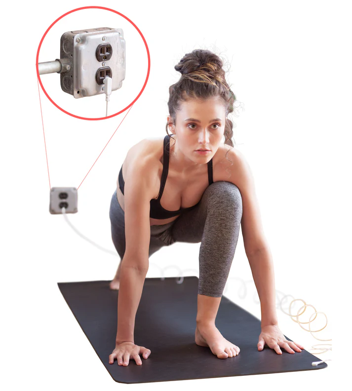 Grounding yoga mat with 15-foot grounding wire. Our grounding yoga mat includes a 15-foot grounding wire that connects to your wall outlet, allowing you to absorb the Earth’s natural energy and enjoy the benefits of grounding indoors.