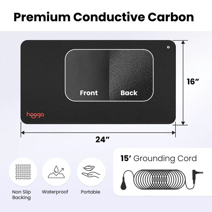 Durable Grounding Mat made from durable rubber and conductive carbon-infused vegan leather. This grounding mat is designed for long-lasting use, providing you with continuous health benefits from grounding. Ensure your comfort and well-being with our durable grounding mat. Setup guide for the Grounding Mat. Easily unroll the mat, connect the grounding cord, and plug it into a grounded outlet to start experiencing the health benefits of grounding. This grounding mat ensures a secure connection to the Earth's energy.